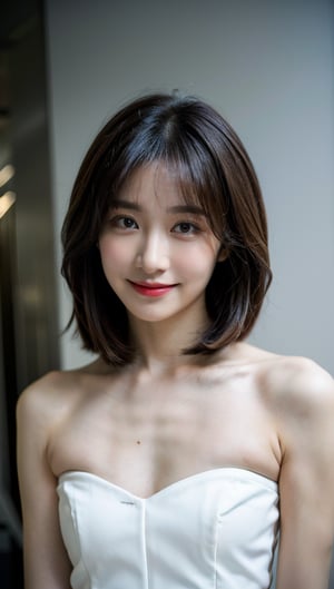 a portrait photography of a gorgeous in open unbuttoned white space suit, cleavage, standing inside spaceship, attractive, flirting, looking at viewer, detailed skin, highly detailed, diffused soft lighting, hyperrealism, cinematic lighting,hanilorashy, (masterpiece, top quality, best quality, (close-up photograph: 2), ((1girl)), korean, fair skin, (extremely detailed face), ((looking at viewer)), ((((ultra-detailed eyes and pupils)))),((((ultra-detailed lips)))) cheekbone, plump cheeks, ((bare pectorals)), ((bare chest)), ((tube dress)), bare head, ((bare shoulders)), symmetrical frame, (((strapless))), ((closed lips)), (((smile))), ((symmetrical pose)), (symmetrical face: 1.6), 35mm, ((((minimal plain white background)))), ((no lighting)), long hair, no watermark, ((medium bob hair)),  black hair, bangs, 