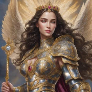 ((Masterpiece), (best quality), (highly detailed)), A stunningly beautiful angel with 2 powerful wings stands tall in a celestial realm, adorned in a cuirass of silver and gold, encrusted with diamonds, rubies, emeralds and saphires. The armour covers her entire torso. She is holding an ornate golden staff that is capped with a huge white diamond in her right hand, the angel exudes a sense of strength and divine presence. The intricate details of the angel's golden trim and the delicate feathers of its wings are meticulously rendered, highlighting the beauty and grandeur of this heavenly being, She has long, flowing dark brown hair and bright grey eyes ,LinkGirl,cyborg style