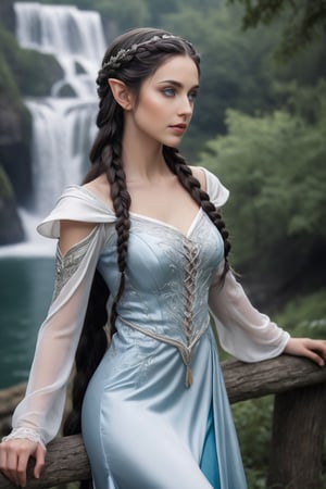 Extreme detailed,ultra Realistic,
extremely beautiful young ELF lady, dark hair, long elvish braid, side braid,Beautiful crystal blue eyes, wearing a silver and white silk dress, intricate clothing,, soft smile, bending posture, looking into the distance, 
sylvan woodland, overlooking valley, river,  seen from front, ,ol1v1adunne,DonM3lv3sXL,niji6