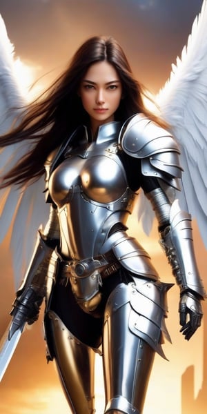 A beautiful girl battle angel in polished steel armour with a broadsword. She has two large white feathered wings and long flowing dark hair,photorealistic