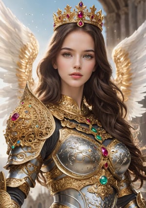 ((Masterpiece), (best quality), (highly detailed)), A stunningly beautiful angel with 2 powerful wings stands tall in a celestial realm, adorned in a armour of gold, encrusted with diamonds, rubies, emeralds and saphires. The armour covers her entire torso. She has an incredibly beautiful face.  She is holding an ornate golden staff that is capped with a huge diamond in her right hand, the angel exudes a sense of strength and divine presence. The intricate details of the angel's golden trim and the delicate feathers of its wings are meticulously rendered, highlighting the beauty and grandeur of this heavenly being, She is breathtakingly beautiful. She has long, flowing dark brown hair and grey eyes and she wears an ornate golden crown adorned with diamonds and precious stones ,LinkGirl,cyborg style,FilmGirl,1 girl,blurry_light_background,flower4rmor,Flower,medieval armor,photo r3al