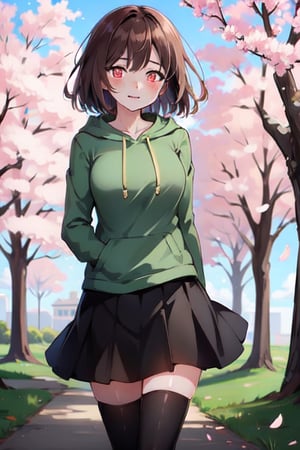 Chara, red_eyes ,green hoodie, black_skirt, black_thighhighs, brown_hair, in a park, cherry blossoms in the background, medium breasts