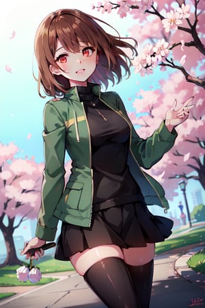 Chara, red_eyes ,green open jacket, tits out, black_thighhighs, brown_hair, in a park, cherry blossoms in the background, medium breasts