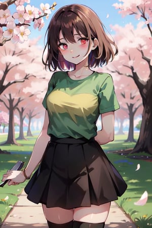 Chara, red_eyes ,white_tshirt, black_skirt, black_thighhighs, brown_hair, in a park, cherry blossoms in the background, medium breasts