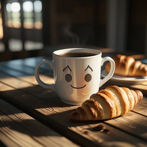 Create an image of a cheerful coffee mug with a smiley face print, placed on a rustic wooden table. Beside it, a freshly baked croissant with a golden-brown crust is perfectly arranged. The scene is illuminated by soft morning sunlight, casting a warm glow over the table. The composition focuses on the mug and croissant, with a slight depth of field to emphasize the cozy breakfast setting.