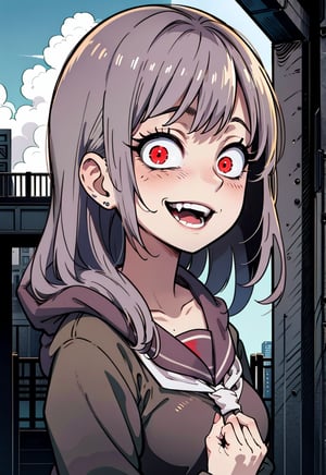 1girl, red_eyes, school_uniform, solo, hood, serafuku, open_mouth, smile, looking_at_viewer, red_sky, black_hair, spot_color, neckerchief, architecture, hood_up, teeth, east_asian_architecture, crazy_smile, crazy_eyes, horror_\(theme\), sky, outdoors, jacket, red_neckwear, cloud, long_hair, upper_body, shrine, fingernails, hoodie, evil_smile, monochrome, ((yandere)), ((horror)),