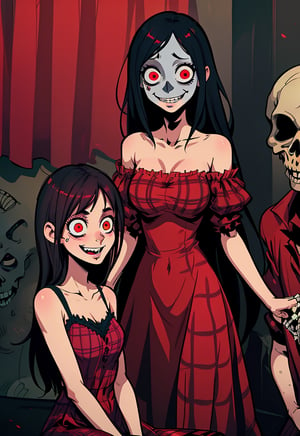 1girl, red_eyes, dress, smile, long_hair, sitting, looking_at_viewer, teeth, sharp_teeth, black_hair, blush_stickers, skeleton, monster, red_dress, plaid, short_sleeves, solo, plaid_dress, brown_hair, ((yandere)), ((horror))