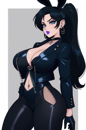 1 woman, sexy and tough, big breasts, big ass and wide hips, gothic girl with long hair, black eyeliner, black painted lips, tight clothes, exposed navel, chain, gloves, blue eyes, black hair, piercings ears, fishnet leggings, jacket, choker,playboy suit