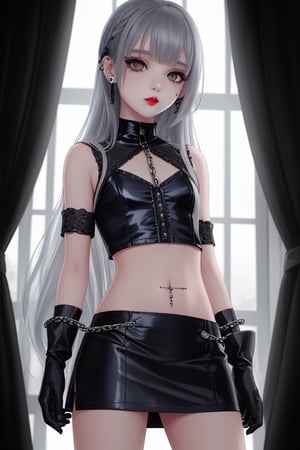 1 little girl, sexy, gothic girl with long hair, black eyeliner, black painted lips, tight clothing, exposed navel, short skirt, chain, gloves, platinum gray eyes, very dark blue hair, piercings ear,1 small mole on face, multiple panels