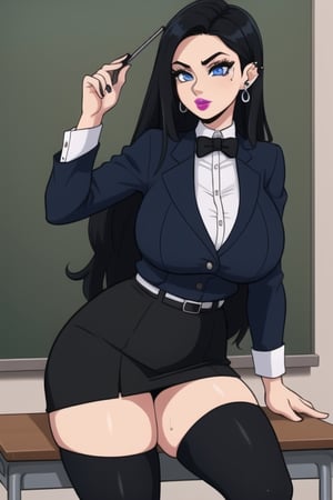 1 woman, sexy and tough, big breasts, wide hips, gothic girl with long hair, black eyeliner, black painted lips, tight clothes, short skirt, blue eyes, black hair, ear piercings, secretary clothes, teacher attire