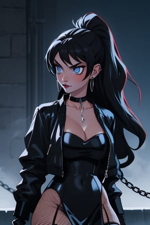 1 woman, sexy and tough, big breasts, wide hips, gothic girl with long hair, black eyeliner, black lipstick, gloves, blue eyes, black hair, ear piercings, choker, fishnet stockings, jacket, chain, white wedding dress