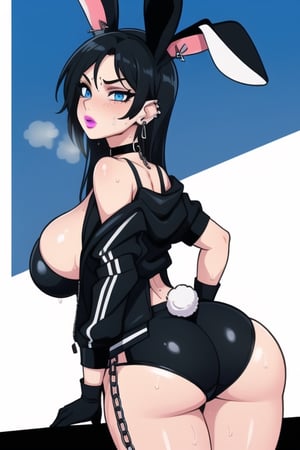 1 woman, sexy and tough, big breasts, big ass and wide hips, gothic girl with long hair, black eyeliner, black painted lips, chain, gloves, blue eyes, black hair, ear piercings, jacket, choker , sportswear, rabbit ears, semi-human, inhuman, sweating, exercising