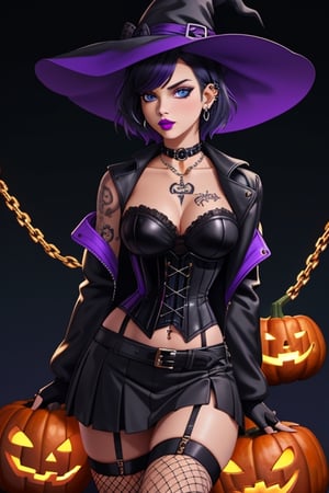 Halloween 🎃,pumpkins,witch_hat,1 woman, gothic girl with short hair, black eyeliner, black painted lips, fingerless gloves, blue eyes, beautiful eyes, black hair, hair with violet highlights, ear piercings, choker, fishnet stockings, jacket, chain, exposed navel, tattoo, skirt, waist shaping corset