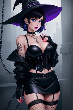 Jack-o,witch_hat,1 woman, gothic girl with short hair, black eyeliner, black painted lips, fingerless gloves, blue eyes, beautiful eyes, black hair, hair with violet highlights, ear piercings, choker, fishnet stockings, jacket, chain, exposed navel, tattoo, skirt, waist shaping corset