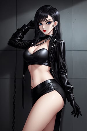 1 woman, sexy and cute, big breasts, big ass and wide buttocks, gothic girl with long hair, black eyeliner, black painted lips, tight clothes, exposed navel, short skirt, chain, gloves, blue eyes, black hair , ear piercings, 1 small mole on face