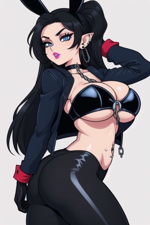 1 woman, sexy and tough, big breasts, big ass and wide hips, gothic girl with long hair, black eyeliner, black painted lips, tight clothes, exposed navel, chain, gloves, blue eyes, black hair, piercings ears, fishnet leggings, jacket, choker,playboy suit