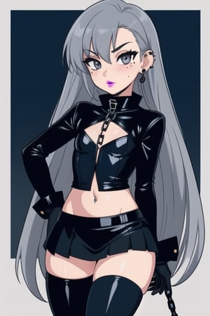 1 little girl, sexy,gothic girl with long hair, black eyeliner, black painted lips, tight clothing, exposed navel, short skirt, chain, gloves, platinum gray eyes, very dark blue hair, piercings ear, small mole on face, multiple panels