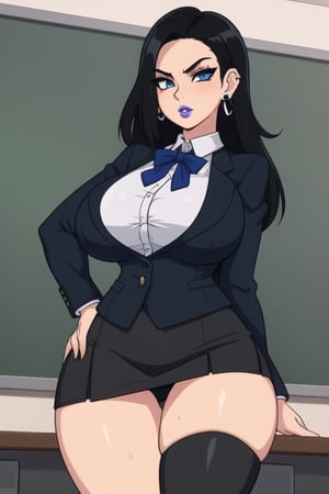 1 woman, sexy and tough, big breasts, wide hips, gothic girl with long hair, black eyeliner, black painted lips, tight clothes, short skirt, blue eyes, black hair, ear piercings, secretary clothes, teacher attire