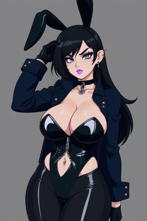 1 woman, sexy and tough, big breasts, big ass and wide hips, gothic girl with long hair, black eyeliner, black painted lips, tight clothes, exposed navel, chain, gloves, blue eyes, black hair, piercings ears, fishnet leggings, jacket, choker,playboy suit