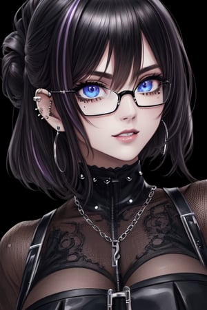 (best quality,4k, ultra detailed, ultra high resolution, high quality, detailed image, HD background, beautiful detailed face:2.0),((masterpiece)),(illustration),city((1 woman)),(Full-bust high neck with mesh cups:1.4),glasses,gothic girl with short hair, black eyeliner,(black painted lips:1.5),big dark lips,very dark blue lips), fingerless gloves, blue eyes,(well-made eyes, even eyes, well-drawn eyes), pretty eyes, black hair, hair with violet highlights, ear piercings, choker, fishnet stockings, jacket, chain, exposed navel, tattoo ,skirt,waist shaping corset,