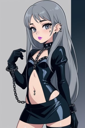 1 little girl, sexy, gothic girl with long hair, black eyeliner, black painted lips, tight clothing, exposed navel, short skirt, chain, gloves, platinum gray eyes, very dark blue hair, piercings ear, small mole on face, multiple panels