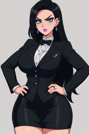 1 woman, sexy and tough, big breasts, wide hips, gothic girl with long hair, black eyeliner, black painted lips, tight clothes, short skirt, blue eyes, black hair, ear piercings, formal clothes