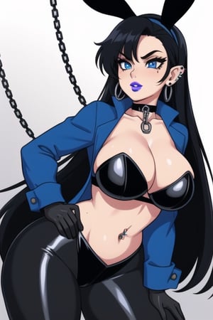 1 woman, sexy and tough, big breasts, big ass and wide hips, gothic girl with long hair, black eyeliner, black painted lips, tight clothes, exposed navel, chain, gloves, blue eyes, black hair, piercings ears, fishnet leggings, jacket, choker,playboy suit