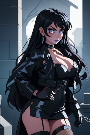 1 woman, sexy and tough, big breasts, wide hips, gothic girl with long hair, black eyeliner, black lipstick, gloves, blue eyes, black hair, ear piercings, choker, fishnet stockings, jacket, chain, white wedding dress