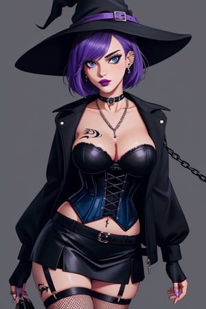 Halloween,witch_hat,1 woman, gothic girl with short hair, black eyeliner, black painted lips, fingerless gloves, blue eyes, beautiful eyes, black hair, hair with violet highlights, ear piercings, choker, fishnet stockings, jacket, chain, exposed navel, tattoo, skirt, waist shaping corset