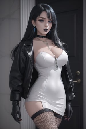 1 woman, sexy and tough, big breasts, wide hips, gothic girl with long hair, black eyeliner, black lipstick, gloves, blue eyes, black hair, ear piercings, choker, fishnet stockings, jacket, chain, white wedding dress