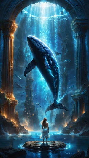 A young girl stands at the edge of a mystical portal, her dreamlike aura surrounding her like a halo. Before her, a majestic whale breaches the surface of a glowing blue ocean, its body illuminated by an otherworldly light. In the background, the ruins of Atlantis rise from the depths, shrouded in mist and mystery. The surreal landscape is bathed in an eerie, sci-fi glow, as if the very fabric of reality has been torn asunder to reveal this fantastical world.