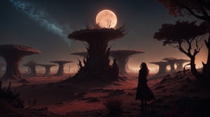 A lone girl stands at the edge of a barren, crimson-hued landscape on an alien planet. Her long, curly hair blown back by a gentle breeze as she gazes out at the eerie, glowing flora surrounding her. The Furr's distant howls echo through the atmosphere, adding to the haunting ambiance. The camera frames her centered in the composition, with the desolate environment stretching out in every direction.