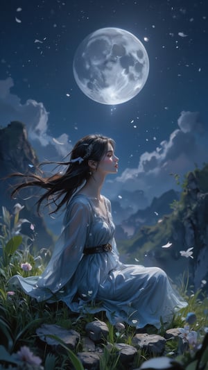 Moonlit reverie: A whimsical scene unfolds as a mystical girl settles on a lush hillside, her gaze lifted to the radiant full moon suspended low in the star-kissed sky. Her silken locks flow gently in the evening breeze, matching the delicacy of crescent shadows on her cheeks. Against an oil-painted backdrop, intricate textures unfold: the fabric of her gown, the patterned stones beneath her feet, and wispy clouds drifting across the moon's gentle luminescence.