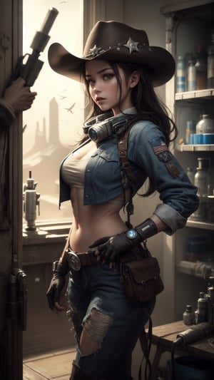 "A young adventurer, garbed in an authentic ((cowboy attire)), surveys a futuristic frontier with steely determination. Her pistols, polished to a mirror sheen, reflect the ((alien landscape)) around her, a stark contrast of barren desolation and technological marvels. The air crackles with anticipation as she prepares to embark on her next ((sci-fi)) escapade,cowgirl,cowboy,hat,DonMC1rcu17Pl4n