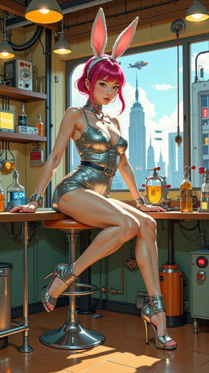 A sultry bunnygirl in a retro-futuristic laboratory setting, surrounded by vintage sci-fi gadgets and neon-lit test tubes. She wears a shimmering silver jumpsuit with a plunging neckline, her long legs splayed seductively on a metallic pedestal. Her bright pink hair is styled in a 1950s-inspired bouffant, as she poses confidently, one hand resting on the shoulder of a gleaming robot arm. The room is bathed in a warm, nostalgic glow, with a cityscape of towering skyscrapers and flying cars visible through the retro-futuristic windows.