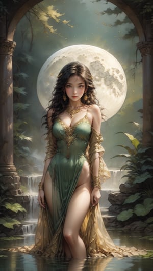 Here are two SD prompts:

**Sunset Portrait**
A serene young girl stands by a peaceful pond, her flowing dress rustling gently in the warm breeze. Ancient stone pillars frame her delicate features as the massive moon rises in the background, casting a soft glow on her face. The golden hour's soft lighting accentuates her porcelain skin and vibrant green dress, which flows like the surrounding foliage. Her eyes sparkle with wonder, captured in a sharp-focused, rule of thirds composition.

**Green and Gold Dancer**
A stunning dancer poses in luscious green lingerie, her body a canvas of flowing curves. A detached sleeve dangles from each shoulder, as if held by an invisible force. The sheer fabric of her bodysuit glows with an inner light, like the moon's gentle illumination on the pond's serene surface. A golden pelvis curtain flows like a river around her hips, drawing attention to her lithe physique. Sharp focus and vibrant colors bring this dreamlike scene to life.
