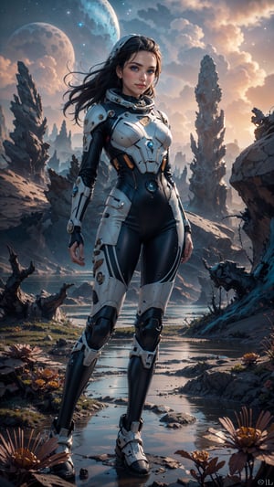 A stunning photorealistic image of a ravishing(( retro space girl ))posing confidently ((Close UP)) in front of a breathtaking sunset-lit alien landscape. Dramatic rock formations tower in the background, while wind-whipped clouds billow across the sky. The space ranger Girl wears a High GLOSSY white Thight Plugsuit with light Blue blue accents, striking a pose that exudes vintage sci-fi glamour. The rule of thirds composition draws the viewer's eye to her captivating gaze, as rich colors and sharp focus create an image of unparalleled detail.Full Body,Dynamic Angle,lake,alien plants,cosmiclandscapes,mysterious,strange rock formations,barren planet,desert,strange growths,((Flowers)) ,Cowboy Shot,