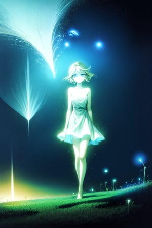 A young woman stands tall, her gaze directly at the viewer (1.5). Her full body is presented in a single take. A subtle, closed mouth expression adds to her enigmatic demeanor. Shiny, curvy skin glows under the surreal bioluminescent landscape inspired by Ori and the Blind Forest. Glowing mushrooms rise from the ground, surrounded by floating jellyfish that seem to defy gravity. The mesmerizing aurora above casts an ethereal glow, as if the very fabric of reality is woven with thread-like luminescence.