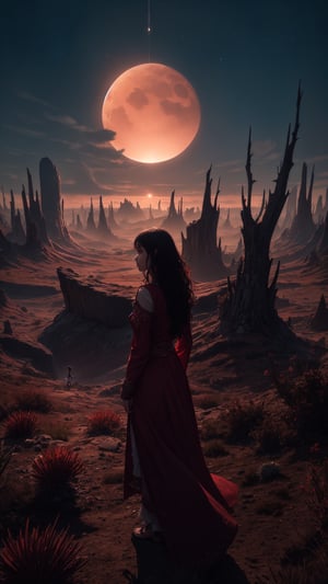 A lone girl stands at the edge of a barren, crimson-hued landscape on an alien planet. Her long, curly hair blown back by a gentle breeze as she gazes out at the eerie, glowing flora surrounding her. The Furr's distant howls echo through the atmosphere, adding to the haunting ambiance. The camera frames her centered in the composition, with the desolate environment stretching out in every direction.