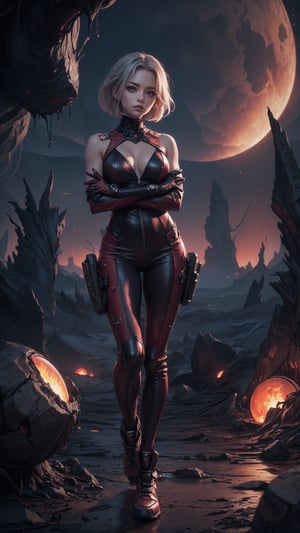 A stunning image of a girl standing confidently front and center on an alien planet's rust-red terrain. She wears a sleek jumpsuit adorned with shimmering silver accents, her hair styled in a messy bob framing her striking features. The eerie purple sky looms behind her, with twisted rock formations and glowing orbs scattered across the landscape. The girl's pose exudes determination, her arms crossed over her chest as she gazes out at the alien world.