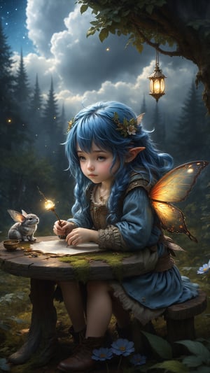 art by Mandy Disher, digital art 8k, Jean-Baptiste Monge style, art by cameron gray, masterpiece, best quality, high quality, extremely detailed CG unity 8k wallpaper, scenery, outdoors, sky, cloud, day, (a little girl in a fairy circle at night), atmospheric oliva lighting, on the table, 4k UHD, dark vibes, hyper detailed, vibrant colours forest background, epic composition, octane render, sharp focus, high resolution isometric, Photorealistic, trending on artstation, trending on CGsociety, Intricate, dramatic, art by Razumov and Volegov, art by Carne Griffiths and Wadim Kashin rutkowski, hyperrealism painting,xinxihuan,LURIABASE, BLUE HAIR, VERY LONG HAIR,AHOGE