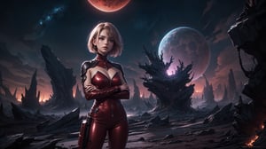 A stunning image of a girl standing confidently front and center on an alien planet's rust-red terrain. She wears a sleek jumpsuit adorned with shimmering silver accents, her hair styled in a messy bob framing her striking features. The eerie purple sky looms behind her, with twisted rock formations and glowing orbs scattered across the landscape. The girl's pose exudes determination, her arms crossed over her chest as she gazes out at the alien world.