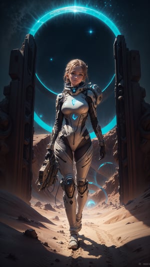 A determined girl in a plugsuit walks at the desert's edge, as a shimmering portal swirls behind her. Warm sunlight casts a glow on her expression, boots, and plugsuit partially buried in sandy dunes. Framed by endless blue sky and the portal's ethereal glow, she embodies a strong, science fiction cowboy spirit.