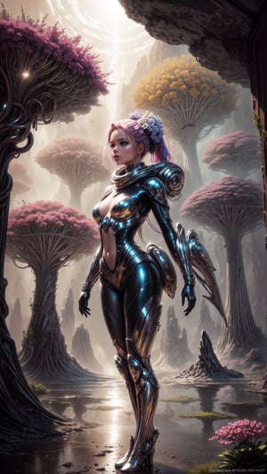 "painting, ultra high definition, girl with chrome flowers in her hair, standing on an alien planet, sunbeams highlighting the metallic petals, fantasy environment, vibrant hues, detailed flora, expansive alien sky, dreamlike quality, immersive scenery"