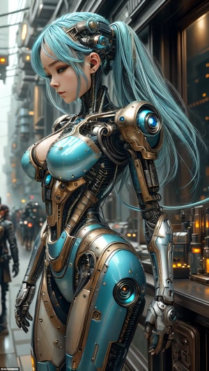 8k portrait of beautiful (cyborg) with Light Blue hair, (BEautyful Fashion Model FAce) , mecha musume scifi body suit,HIGH GLOSS pauldrons, intricate, elegant, highly detailed, majestic, digital photography, art by artgerm and ruan jia and greg rutkowski surreal painting reflective, hairpin jewel, broken glass, (masterpiece, sidelighting, finely detailed beautiful eyes: 1.2), hdr,reelmech, mechanical parts,ALIEN PLANET SETTING,FUll Body,Looking BAck