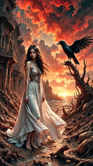 A dreamy girl with ethereal hair and a flowing white gown stands amidst a fantastical landscape, where a majestic crow perches on a gnarled branch. The sky is ablaze with dramatic crimson hues, as if the setting sun has ignited the heavens. Golden light dances across her face, illuminating her enigmatic smile. Chris Achileos's bold brushstrokes bring to life this whimsical scene of wonder and magic.