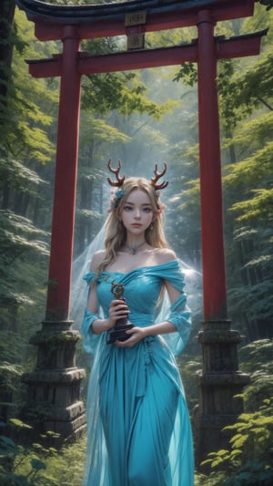 （realisticlying：1.35）,（concept-art）,（ goddess of the forest）,（Gorgeous face enchanting,Amazing）,（Long, Flowing light blonde hair）,Mint SILK,（Beautiful skin is green,Made of complex leaves and vines）,（Antlers on the head）,（pointy ears）,（Shining blue eyes）,(an enchanted forest）Background with,butterflys：0.35,leafs, blooming light effect, blossoms：0.4, God Ray, Light and dust, realistic skin textures, , complex, A detailed, highest  quality, hasselblatt, Nikon D850, Natural stereo lighting, （Good anatomy）, well-composed, （good proportions）, subsurfacescattering, Award-Awarded, tmasterpiece,More Detail,Torii