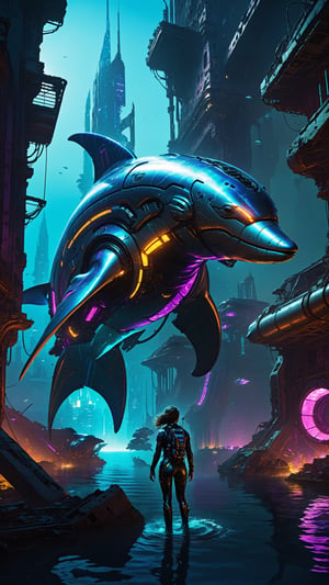 On a futuristic alien planet, a diver girl emerges from the depths of a cybernetic seascape. She floats amidst the ruins of a cityscape, surrounded by neon-lit architecture and twisted metal wreckage. The Cyber Dolphin glides beside her, its glowing fins illuminating the dark waters as it watches over the young explorer.