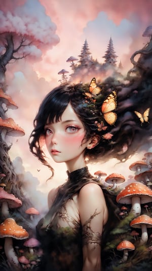 A girl's face fills the frame, her eyes closed in rapt attention as a butterfly alights on her cheek. Soft pink clouds drift lazily across the sunset sky behind her, blending into a fantastical landscape of twisted trees and glowing mushrooms. In this surreal wonderland, reality melts away as she surrenders to the dream.