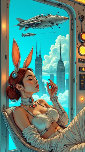 A sultry bunnygirl posing in a retro-futuristic setting, surrounded by sci-fi gadgetry and neon lights. Framed against a bright blue backdrop, she's adorned with metallic accents on her ears and collar, her long eyelashes batting at a miniature spaceship hovering above her head. Her crimson hair is styled in a 1950s-inspired bouffant, as she reclines on a sleek, metallic chair. A futuristic cityscape unfolds behind her, with towering skyscrapers and flying cars zipping by. The overall mood is playful and alluring, blending vintage charm with intergalactic excitement.